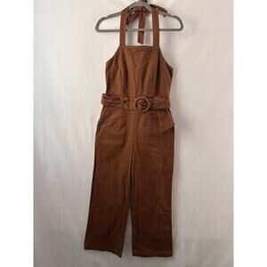 Moon River Brown Denim Jumpsuit Halter Tie Neck Belted Fall Outfit Stretch Small